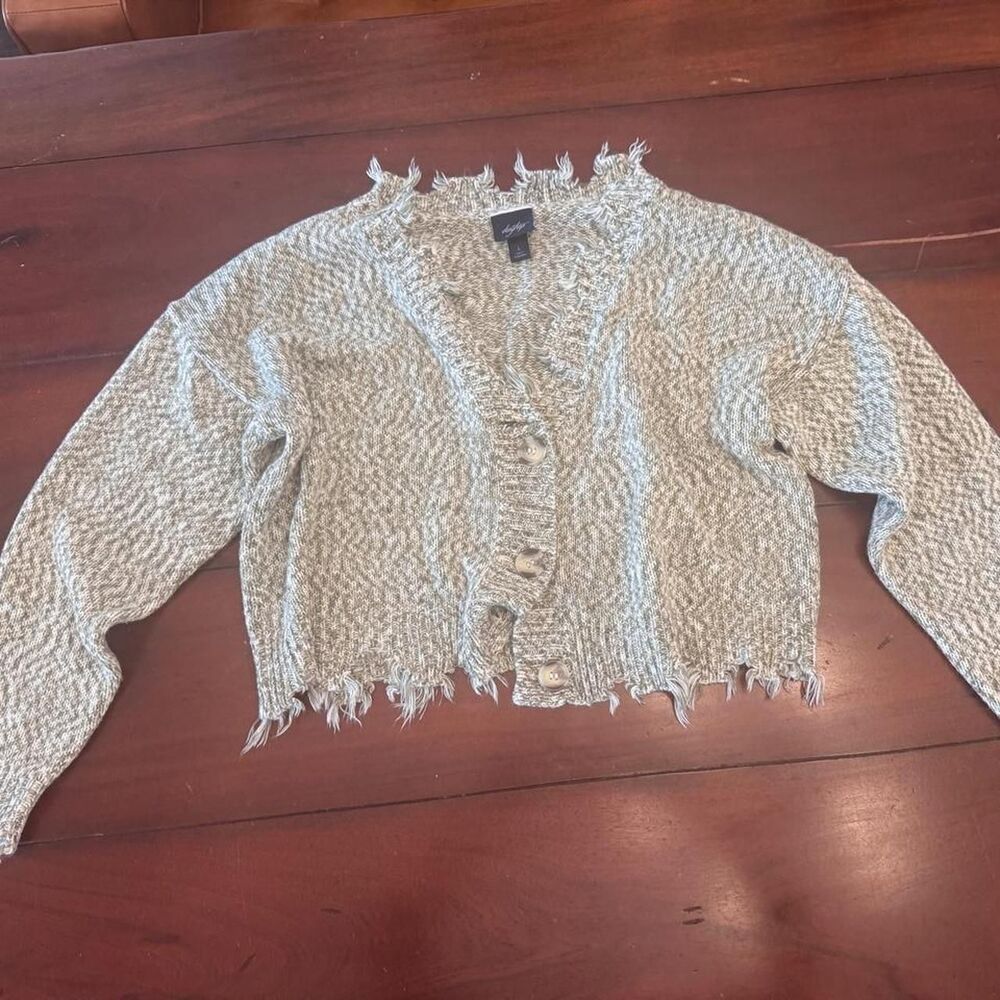 Daytrip Womens Sage Green Distressed Cropped Knit Cardigan Sweater Size Large